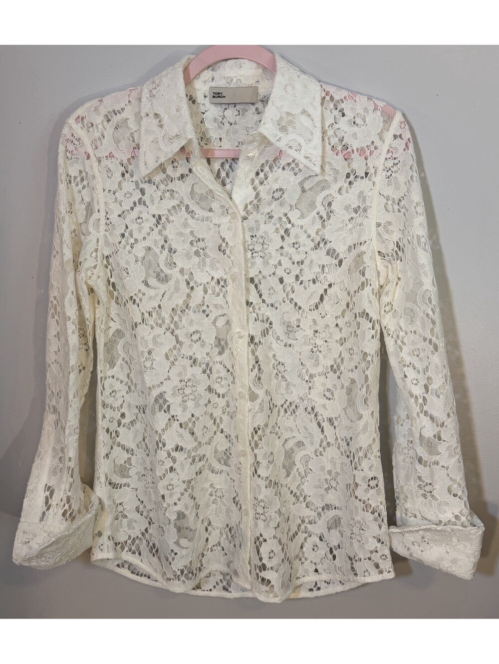 Tory Burch Size 2 Ivory Lace Cuffed Long Sleeve Button Down Front Blouse Shirt